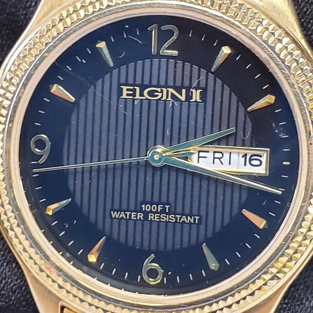 Elgin II Gold-Tone Mens Watch Black Dial Day & Date Display Water Resistant - Picture 7 of 11